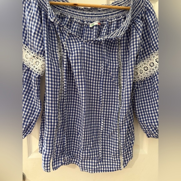 Made in Italy blue gingham crochet long sleeve top size Large shirt - Picture 4 of 11